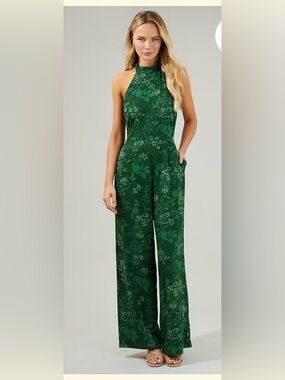 Baltic Born Emerald Green Floral Halter Jumpsuit